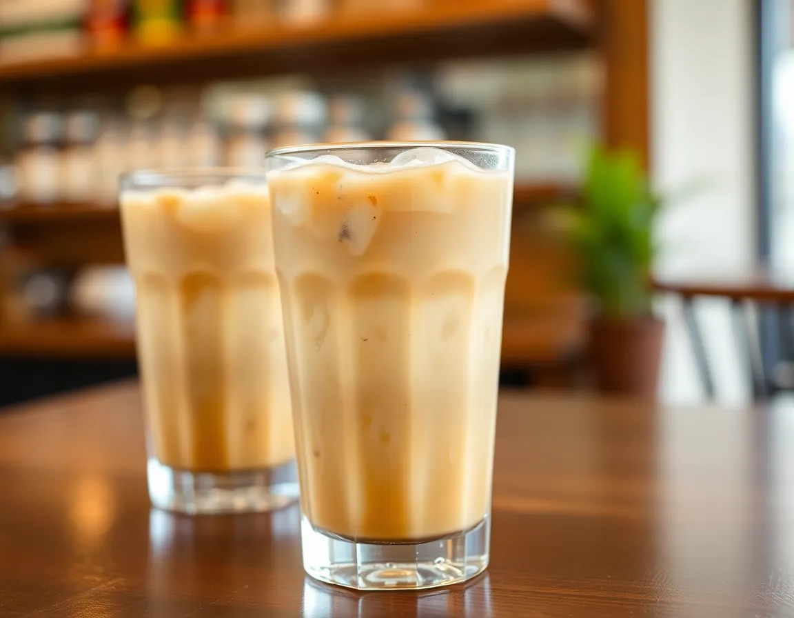 Ly cà phê sữa đá trên nền sáng